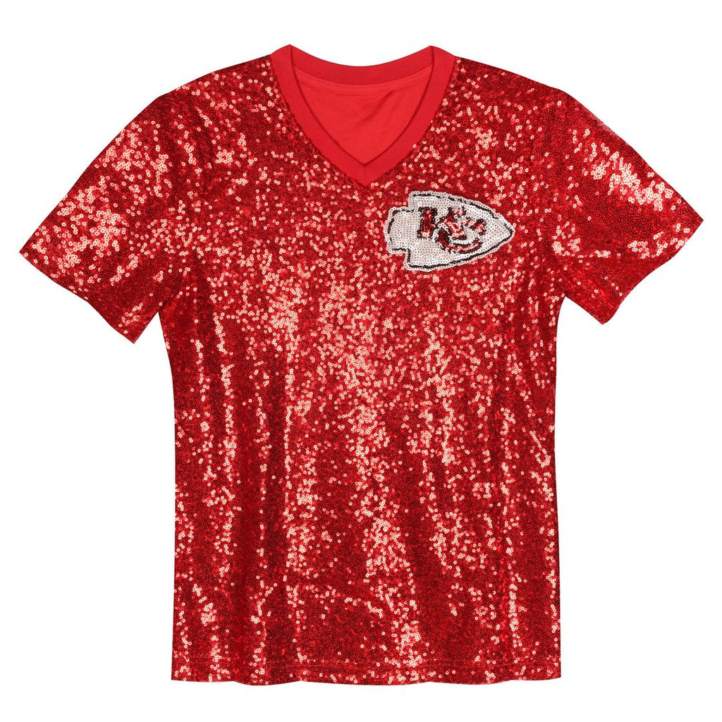 Travis Kelce Kansas City Chiefs Girls Youth Sequin V-Neck Fashion Jersey - Red